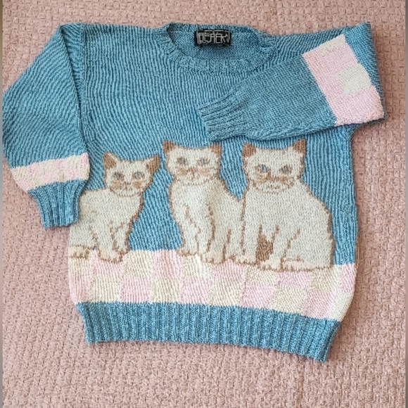 berek Sweaters - RARE VINTAGE 1980s BEREK Kitty Cat Pastel Sweater Hand Knitted